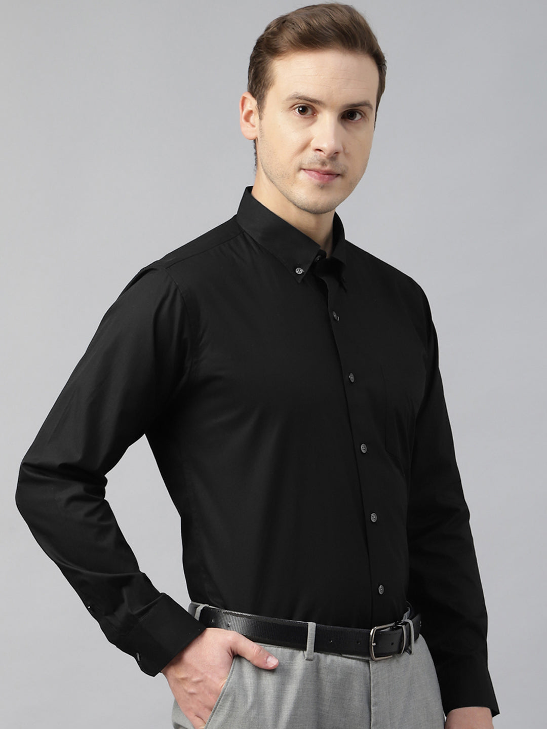 Men Black Solid Cotton Slim Fit Button Down Collar Formal Shirt