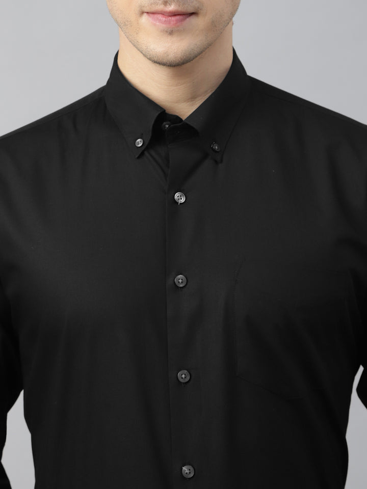 Men Black Solid Cotton Slim Fit Button Down Collar Formal Shirt