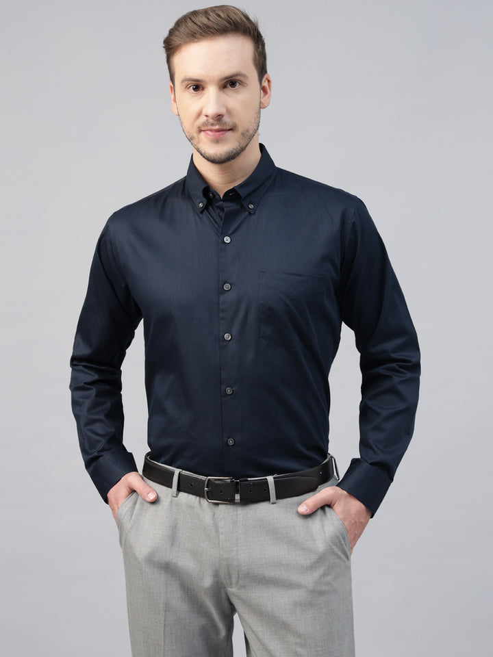 Men Navy Blue Solid Pure Cotton Slim Fit Button Down Collar Formal Shirt