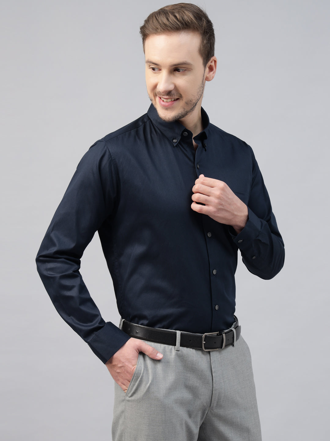 Men Navy Blue Solid Pure Cotton Slim Fit Button Down Collar Formal Shirt