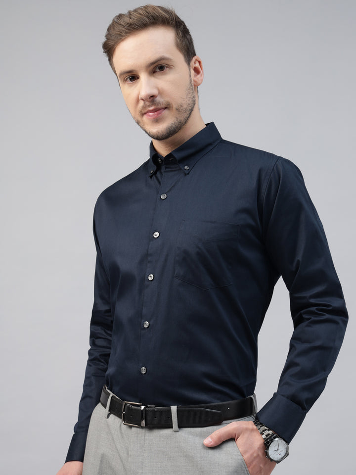 Men Navy Blue Solid Pure Cotton Slim Fit Button Down Collar Formal Shirt