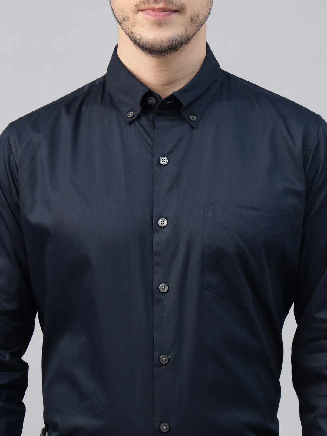 Men Navy Blue Solid Pure Cotton Slim Fit Button Down Collar Formal Shirt