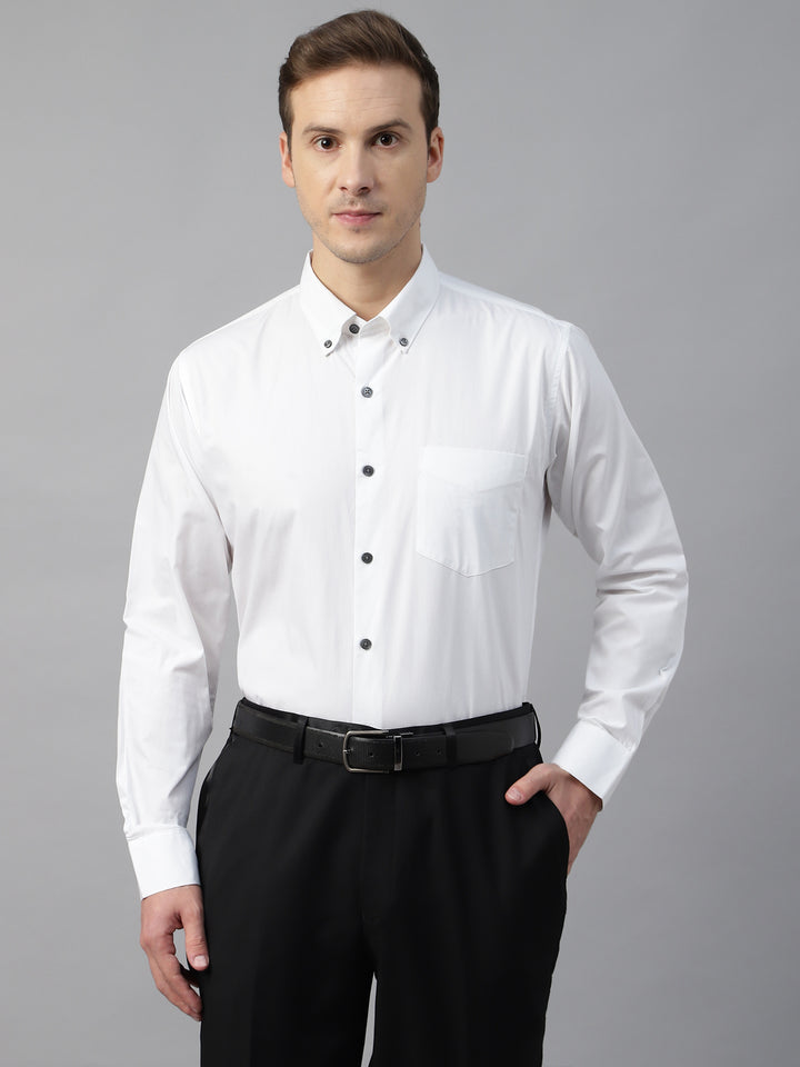 Men White Solid Cotton Slim Fit Button Down Collar Formal Shirt