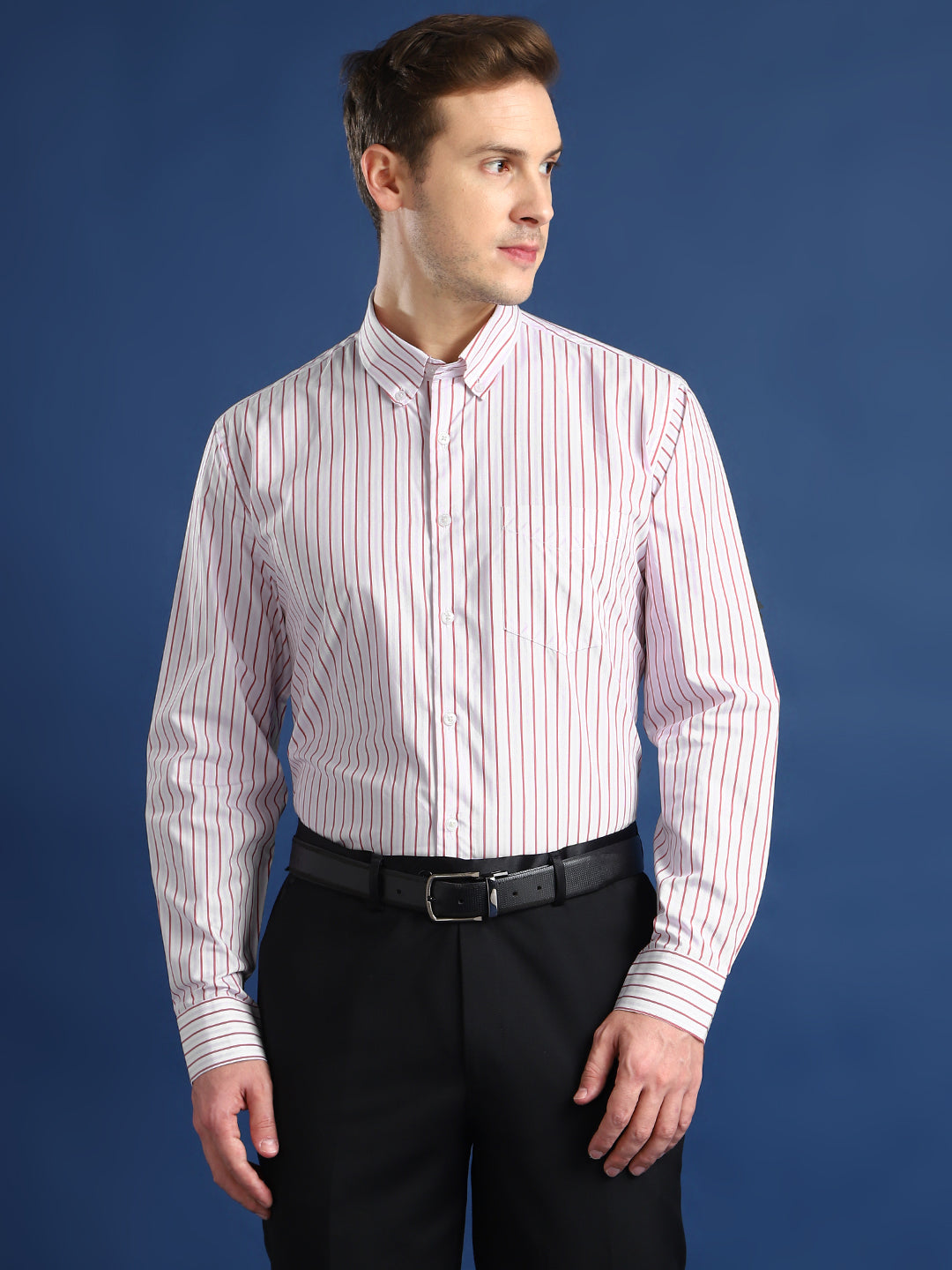 Men White & Red Striped Cotton Slim Fit Formal Shirt