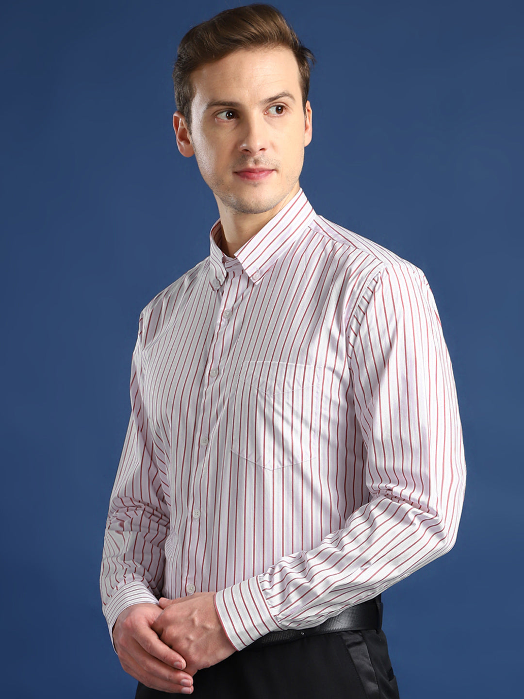 Men White & Red Striped Cotton Slim Fit Formal Shirt