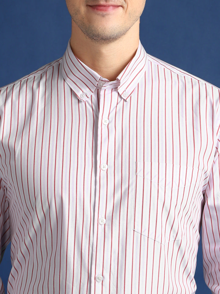 Men White & Red Striped Cotton Slim Fit Formal Shirt