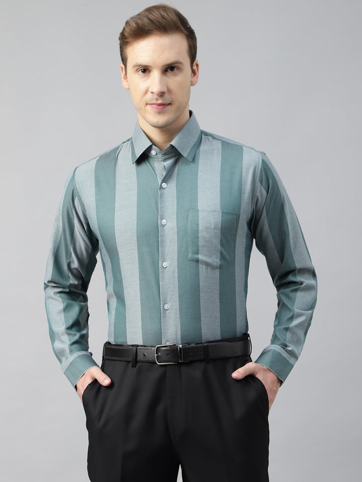 Men Green Striped Cotton Slim Fit Formal Shirt