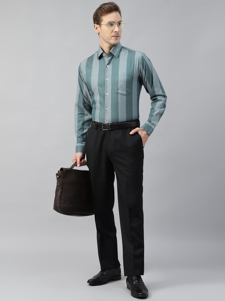 Men Green Striped Cotton Slim Fit Formal Shirt