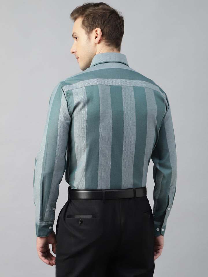 Men Green Striped Cotton Slim Fit Formal Shirt