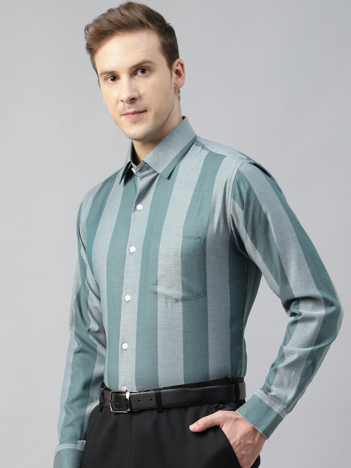 Men Green Striped Cotton Slim Fit Formal Shirt