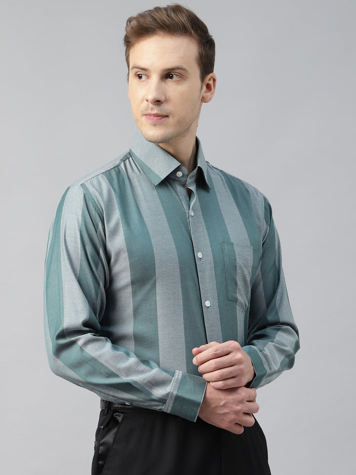 Men Green Striped Cotton Slim Fit Formal Shirt