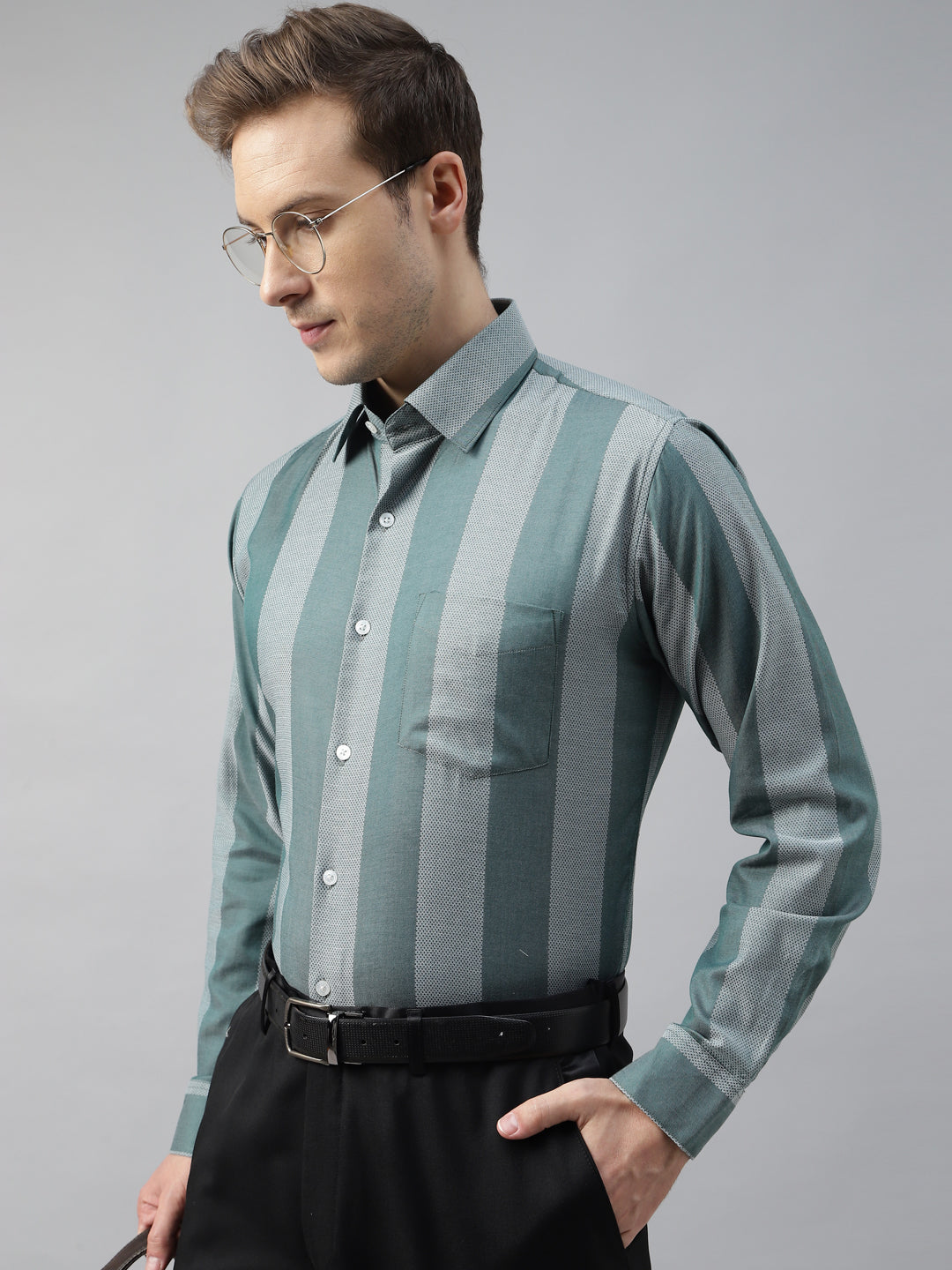 Men Green Striped Cotton Slim Fit Formal Shirt