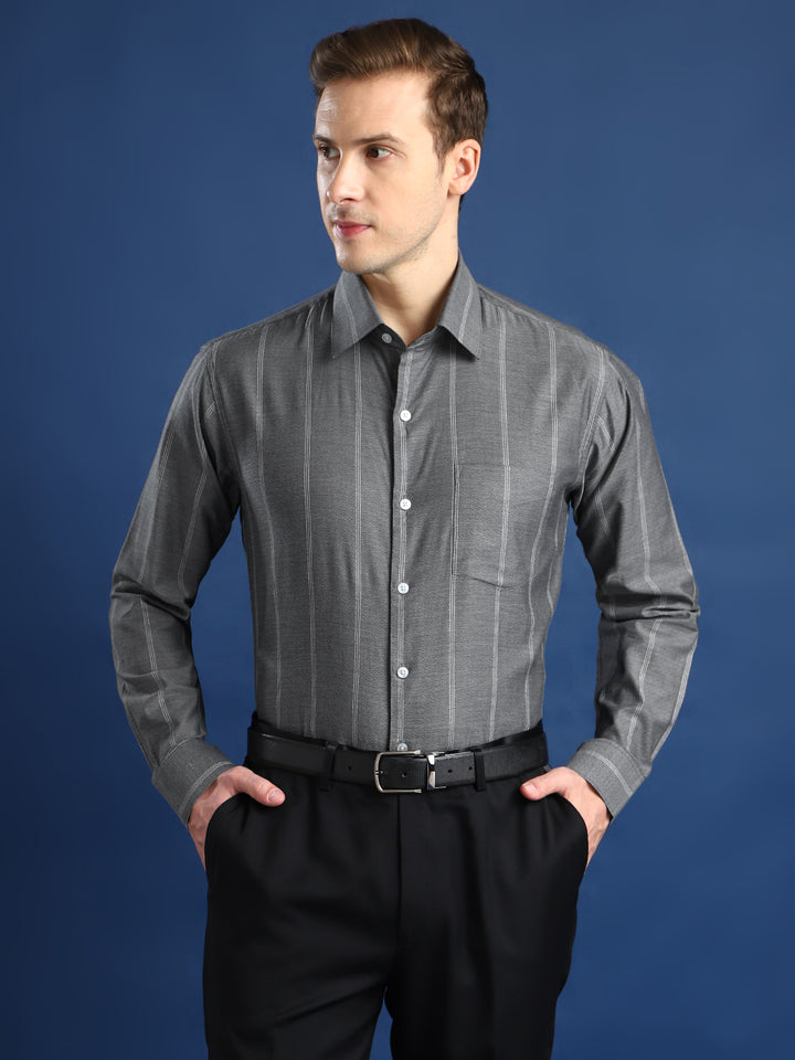 Men Grey Striped Cotton Slim Fit Formal Shirt