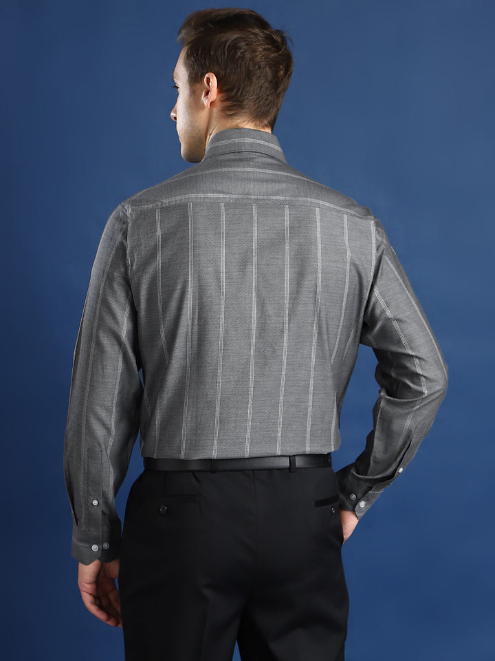 Men Grey Striped Cotton Slim Fit Formal Shirt