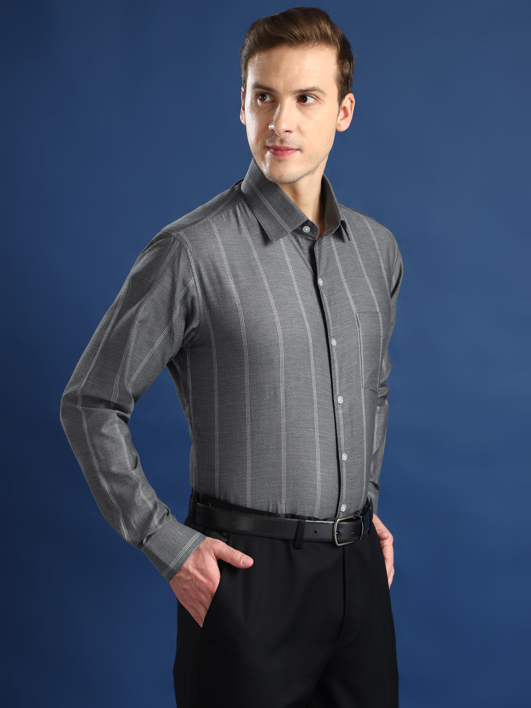 Men Grey Striped Cotton Slim Fit Formal Shirt