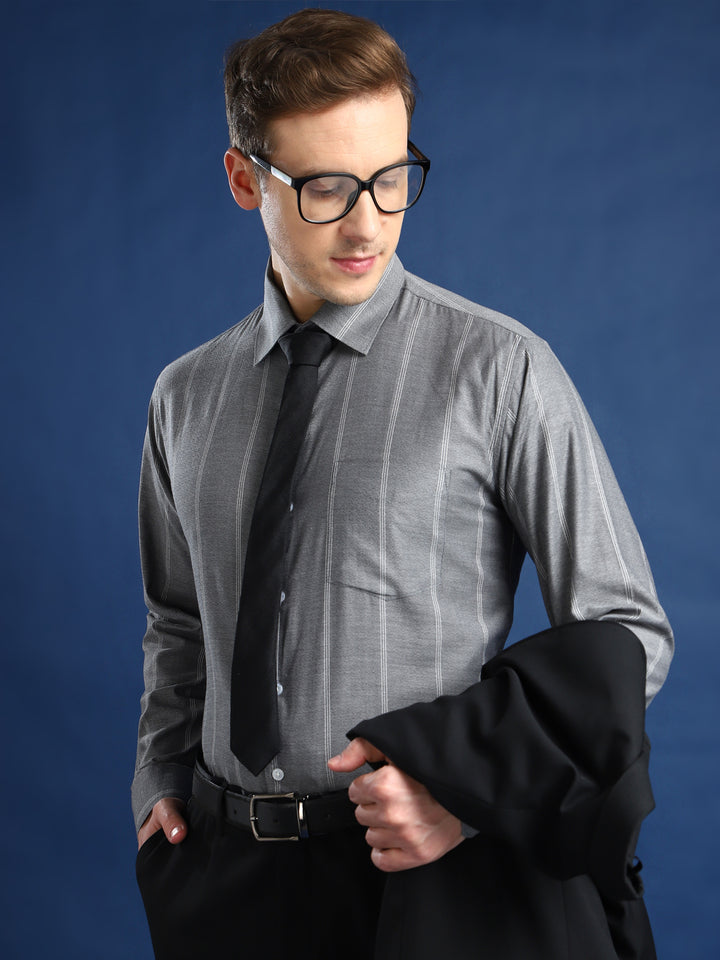 Men Grey Striped Cotton Slim Fit Formal Shirt