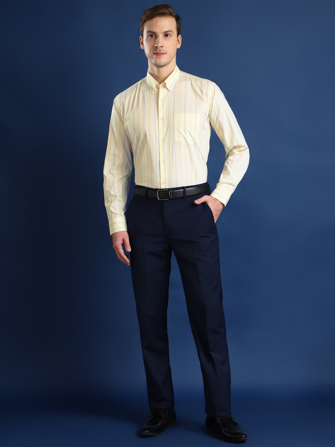 Men Cream Striped Cotton Slim Fit Formal Shirt