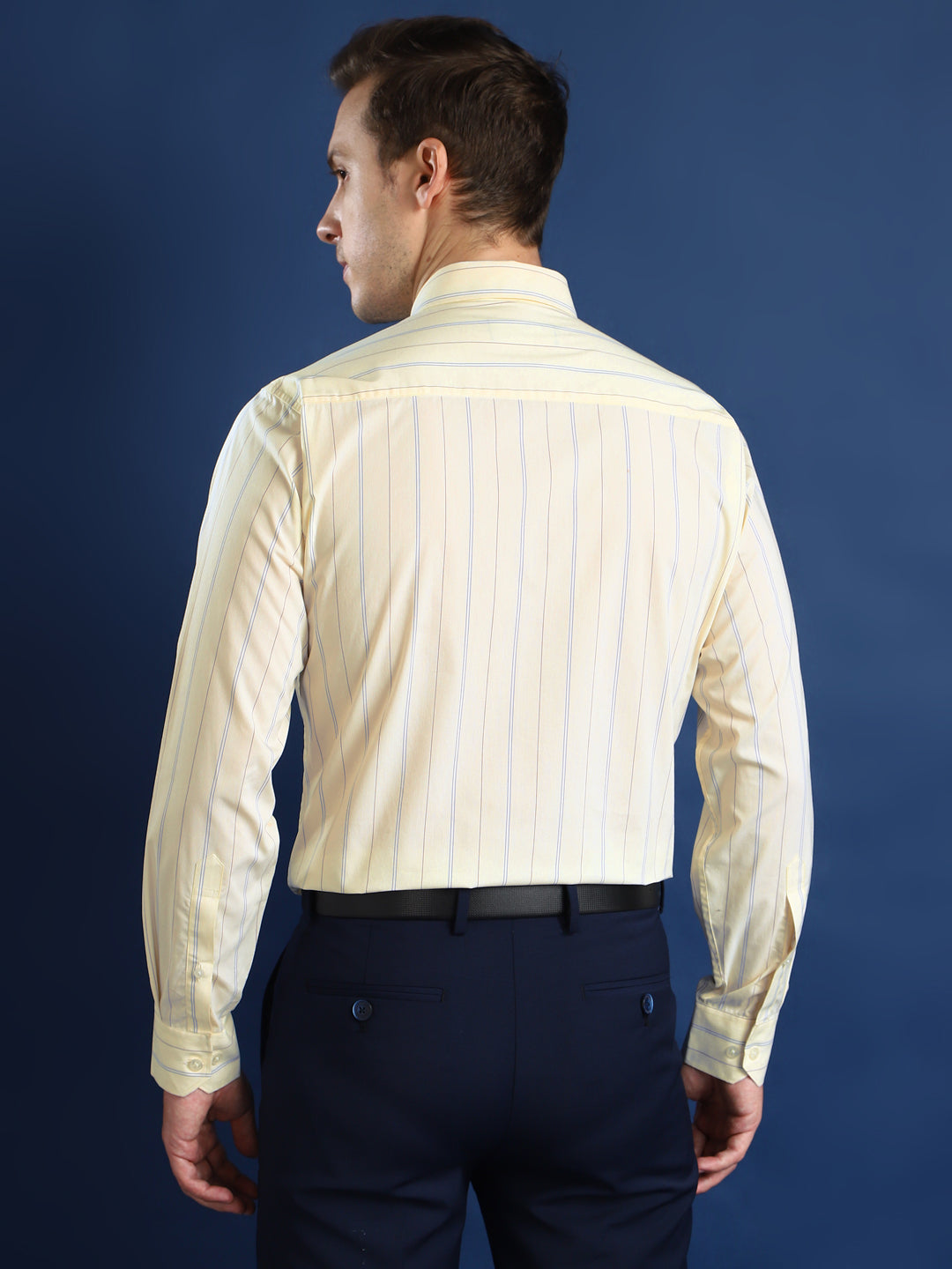 Men Cream Striped Cotton Slim Fit Formal Shirt