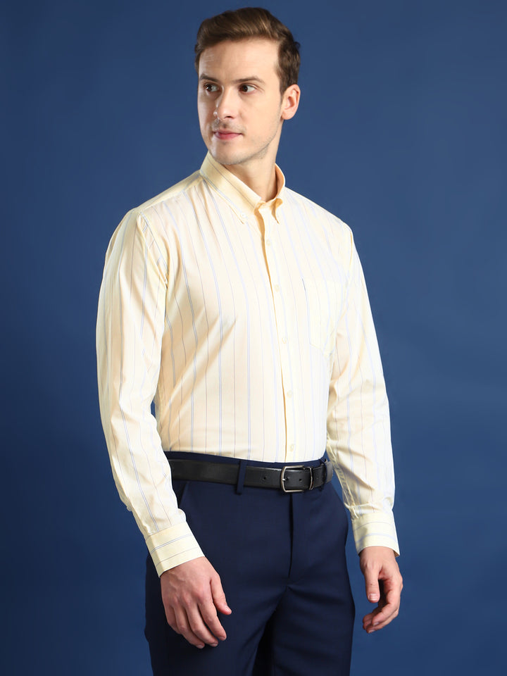 Men Cream Striped Cotton Slim Fit Formal Shirt