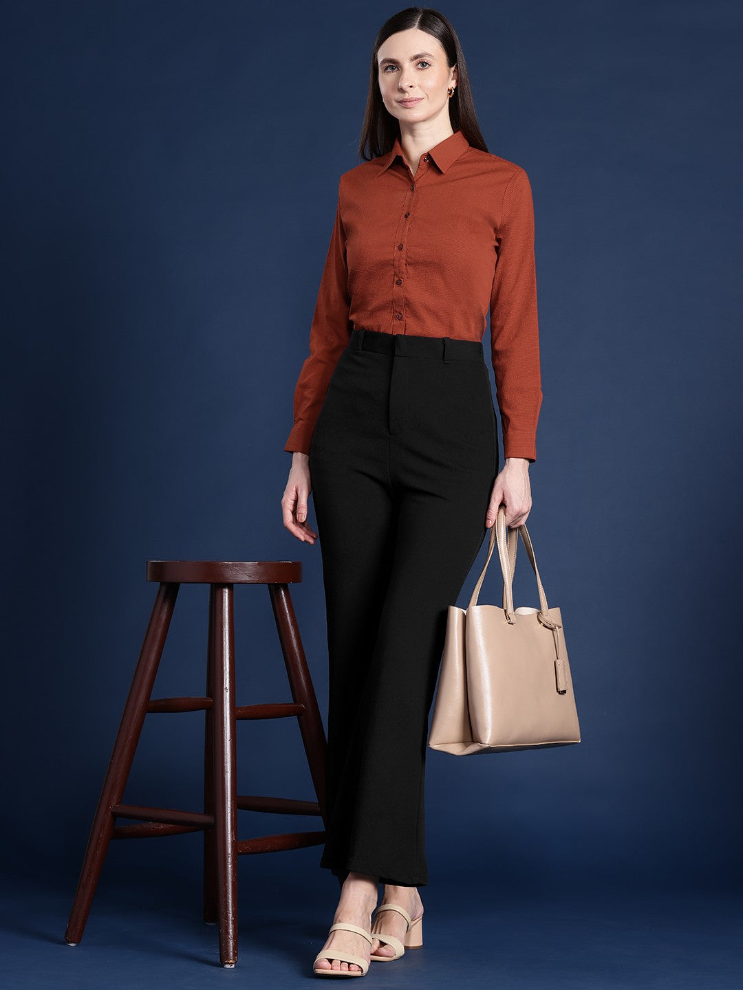 Women Rust Solid Seersucker Formal Shirt