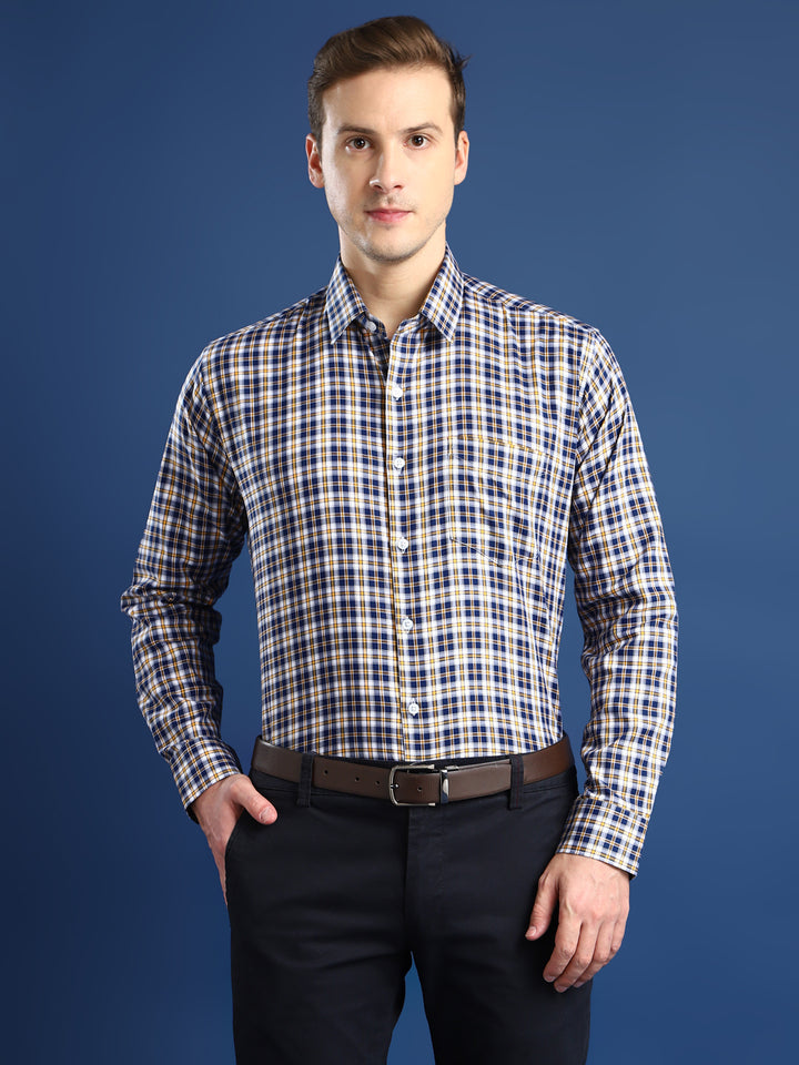 Men Navy Blue & White Checked Cotton Slim Fit Formal Shirt