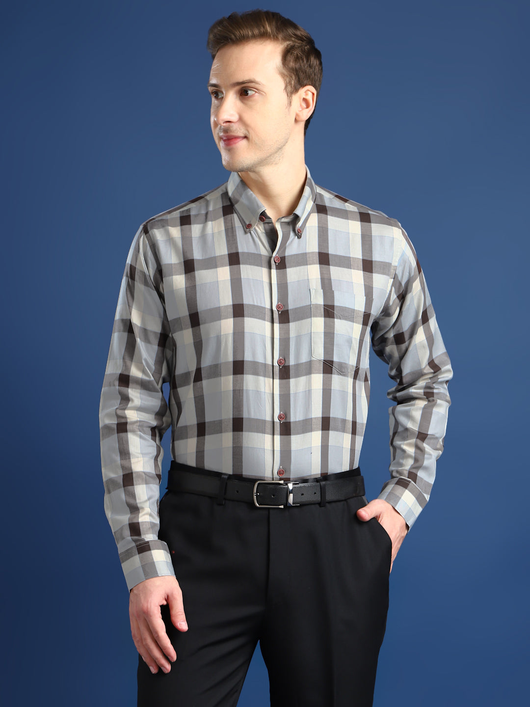 Men Grey Checked Cotton Slim Fit Formal Shirt