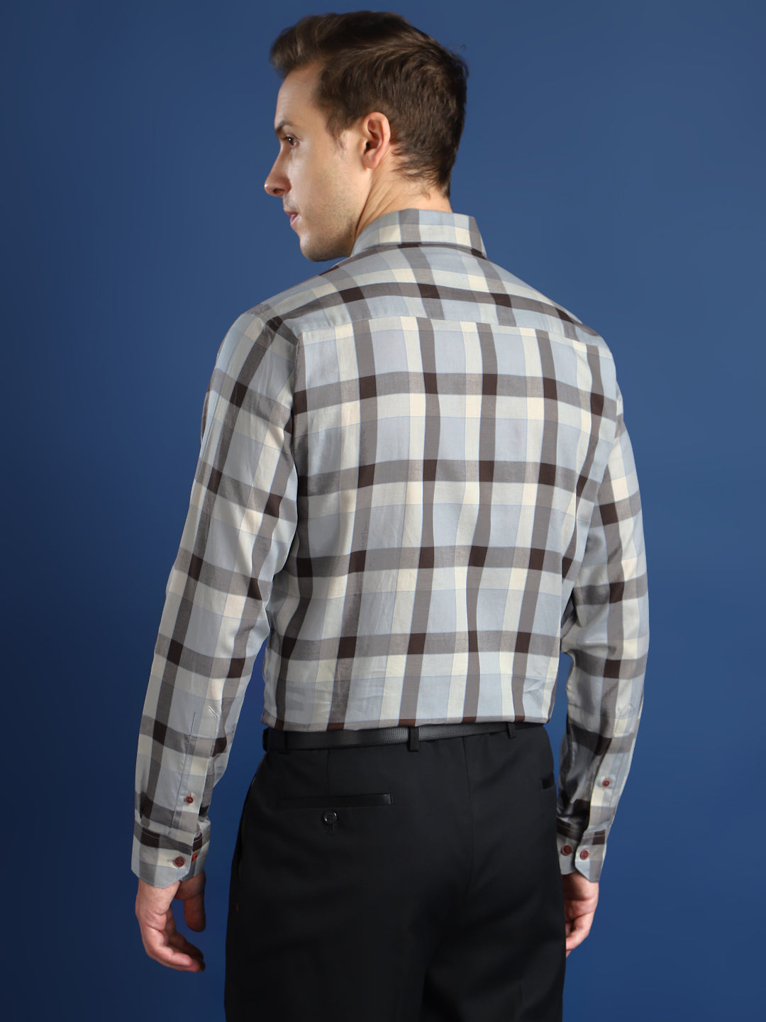 Men Grey Checked Cotton Slim Fit Formal Shirt