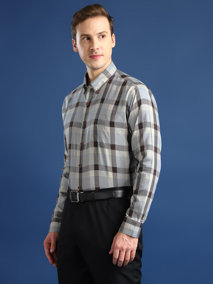 Men Grey Checked Cotton Slim Fit Formal Shirt