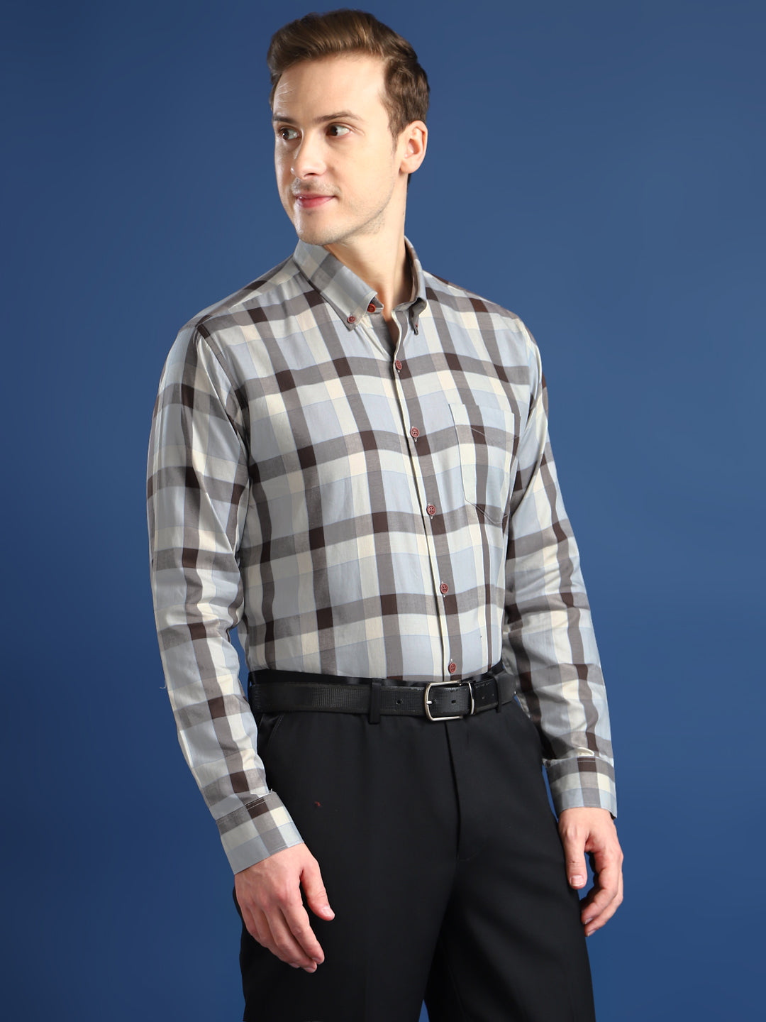 Men Grey Checked Cotton Slim Fit Formal Shirt