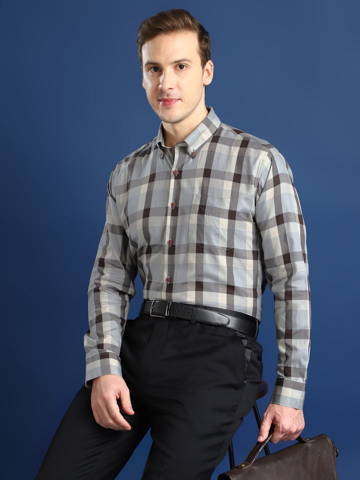 Men Grey Checked Cotton Slim Fit Formal Shirt