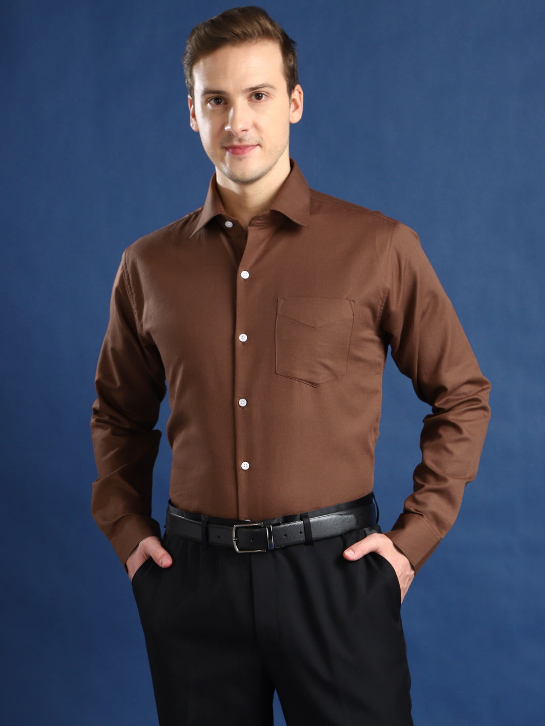 Men Brown Self Cotton Slim Fit Formal Shirt