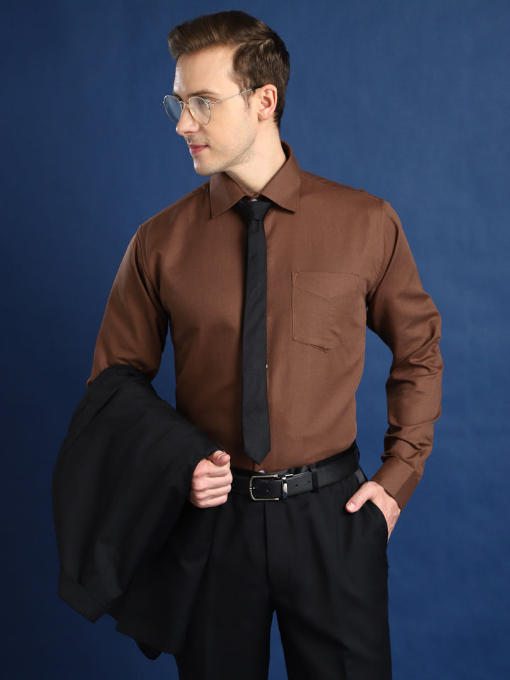 Men Brown Self Cotton Slim Fit Formal Shirt