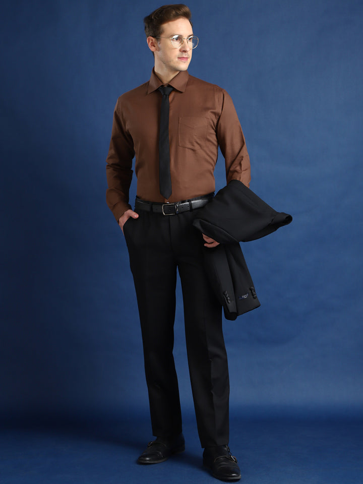 Men Brown Self Cotton Slim Fit Formal Shirt