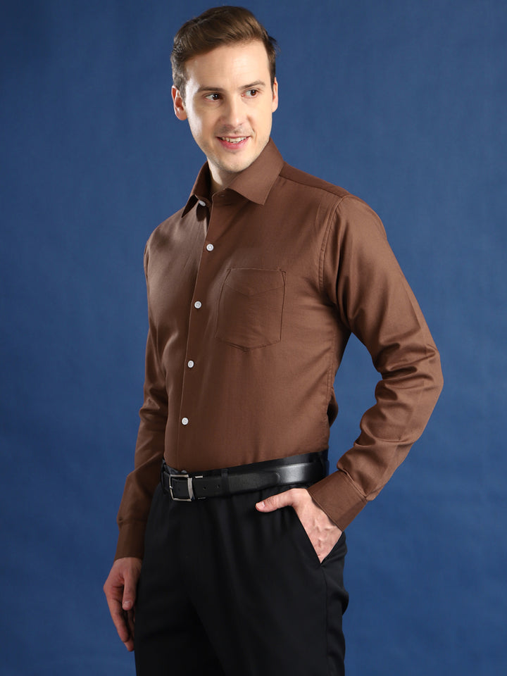 Men Brown Self Cotton Slim Fit Formal Shirt