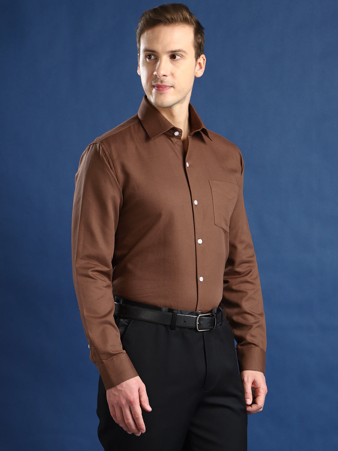 Men Brown Self Cotton Slim Fit Formal Shirt