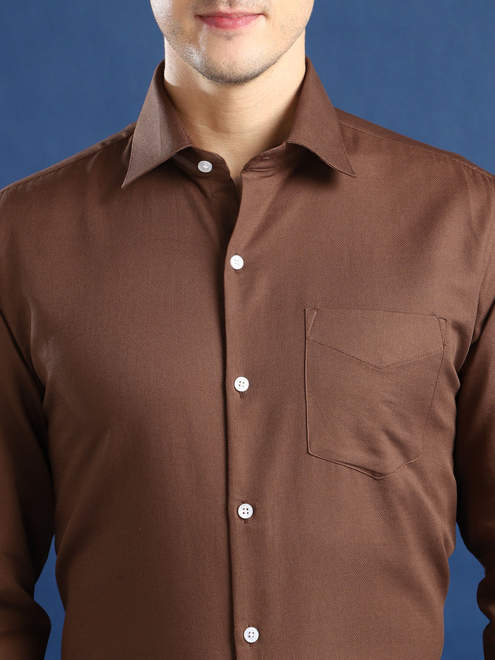 Men Brown Self Cotton Slim Fit Formal Shirt