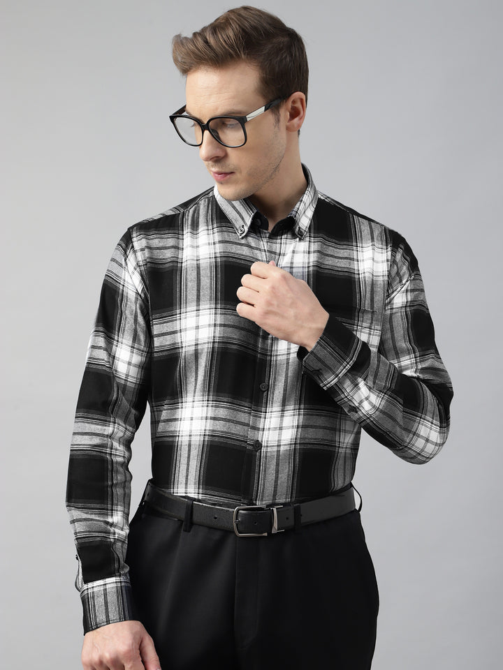 Men Black & White Flannel Checked Cotton Slim Fit Formal Shirt