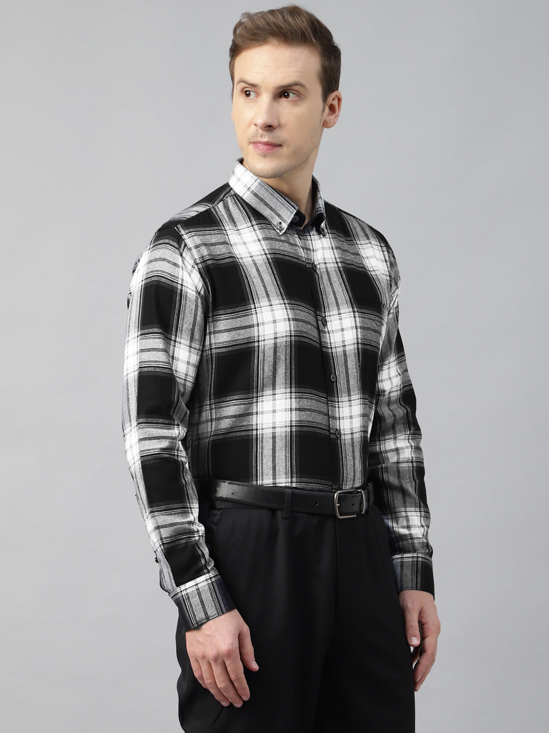 Men Black & White Flannel Checked Cotton Slim Fit Formal Shirt