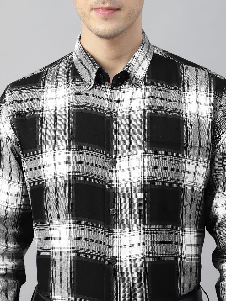 Men Black & White Flannel Checked Cotton Slim Fit Formal Shirt