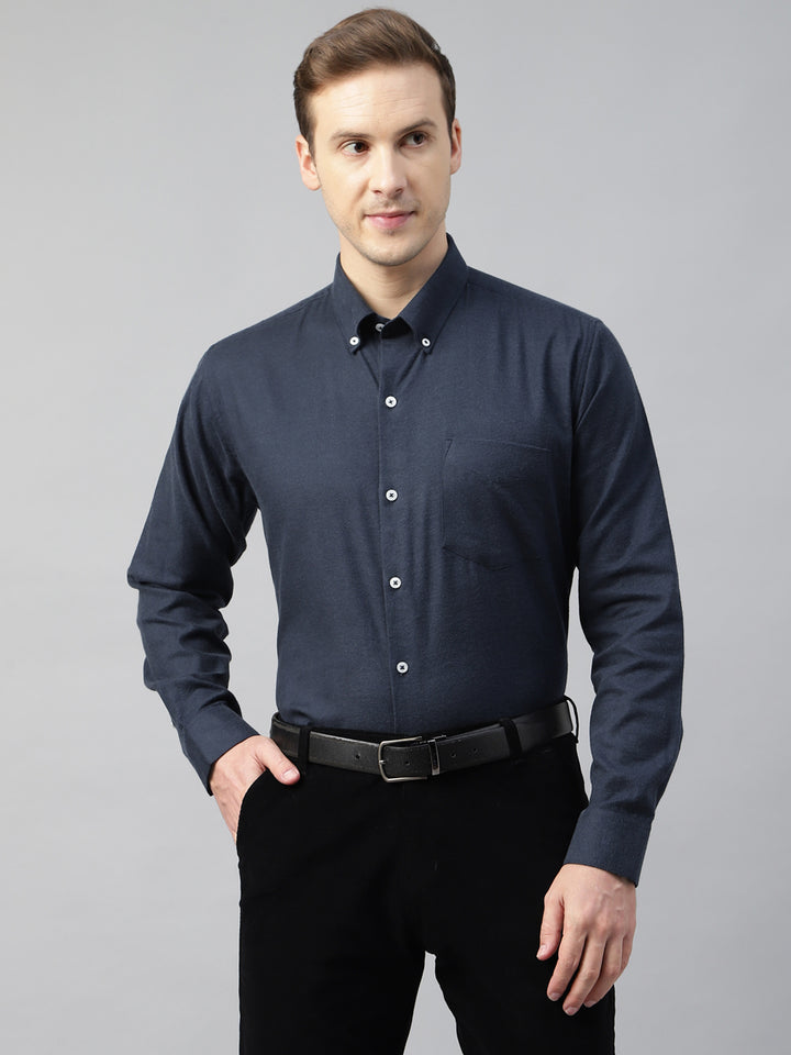 Men Navy Blue Solid Flannel Cotton Slim Fit Formal Shirt