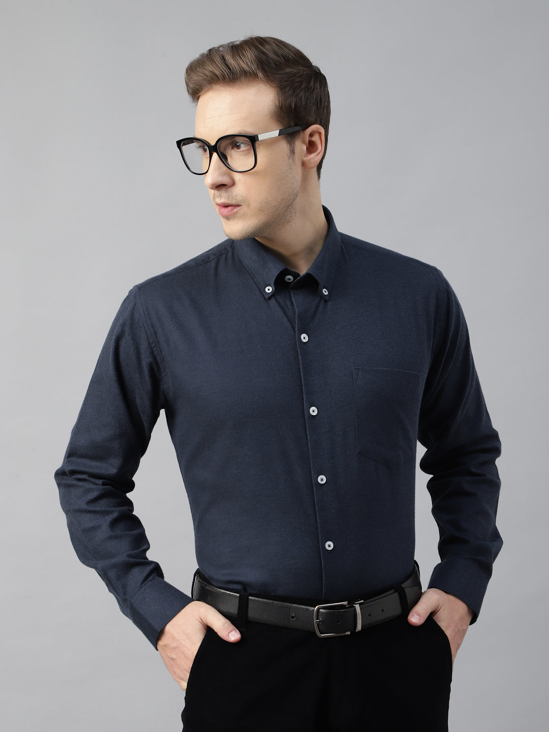 Men Navy Blue Solid Flannel Cotton Slim Fit Formal Shirt