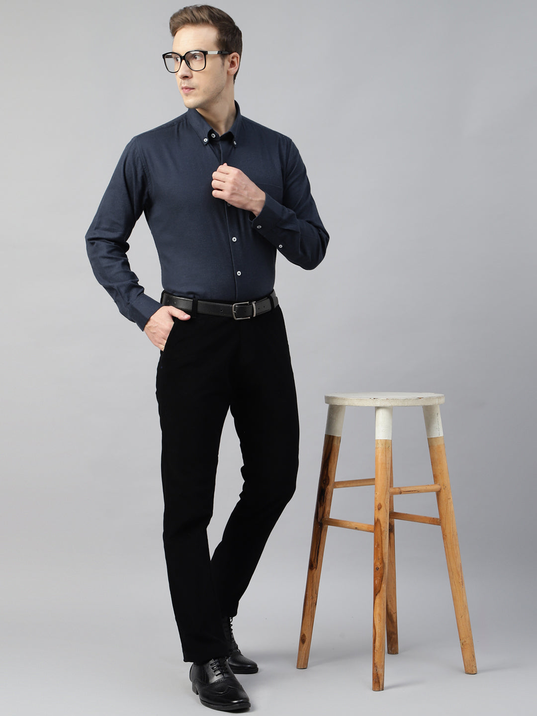 Men Navy Blue Solid Flannel Cotton Slim Fit Formal Shirt