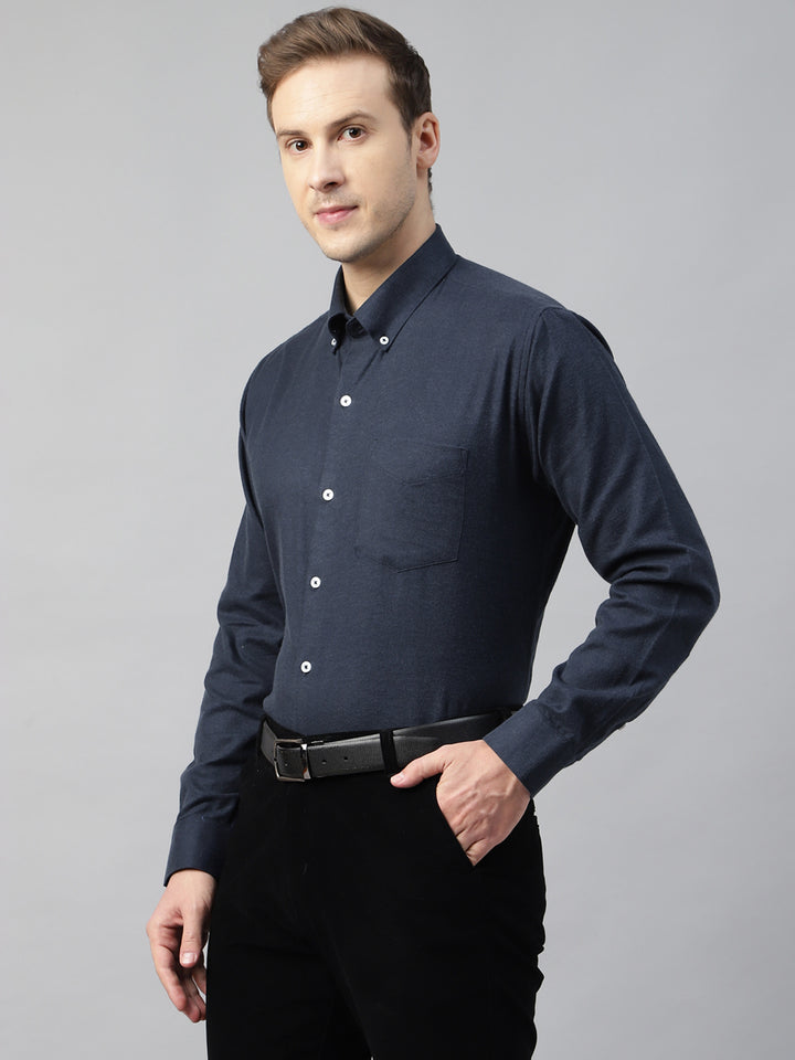 Men Navy Blue Solid Flannel Cotton Slim Fit Formal Shirt