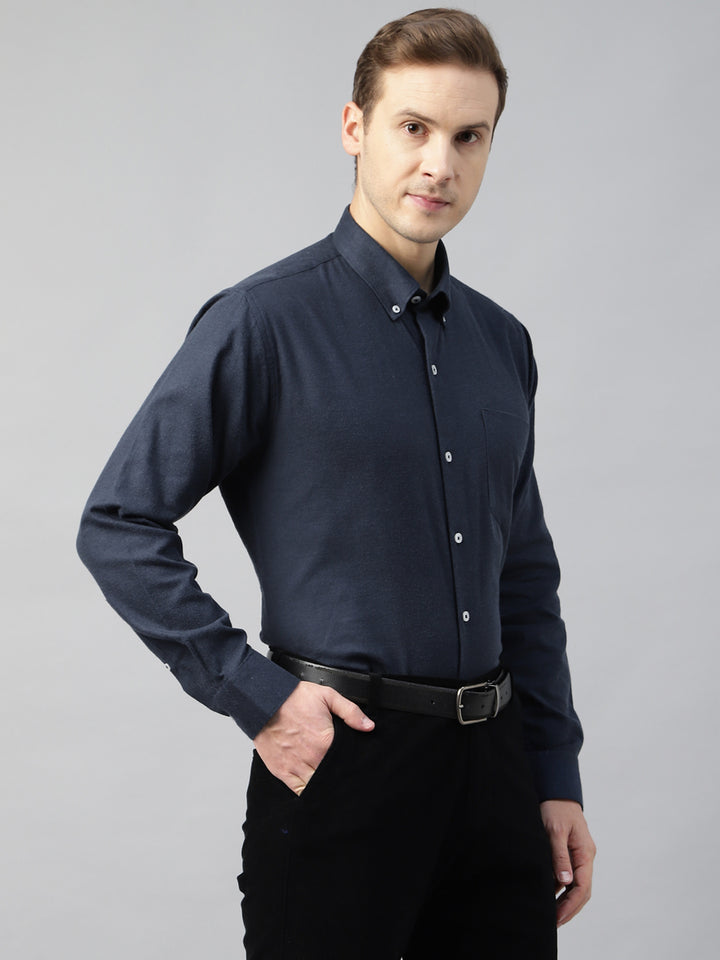 Men Navy Blue Solid Flannel Cotton Slim Fit Formal Shirt