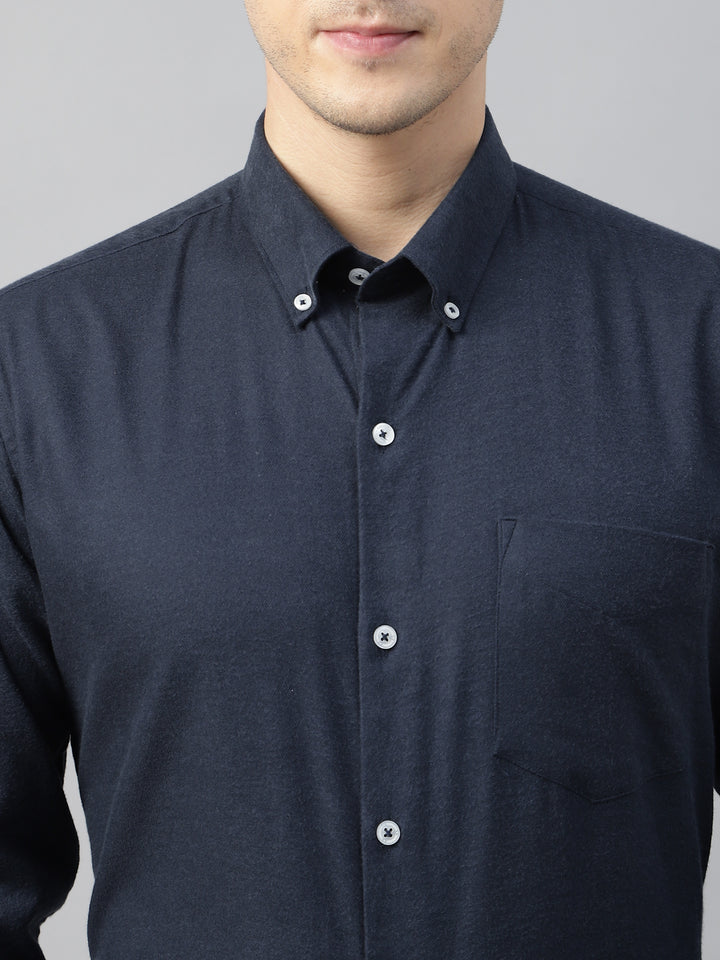 Men Navy Blue Solid Flannel Cotton Slim Fit Formal Shirt