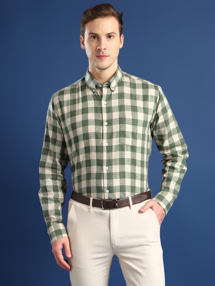 Men Cream & Olive Checked Linen Blend Slim Fit Formal Shirt