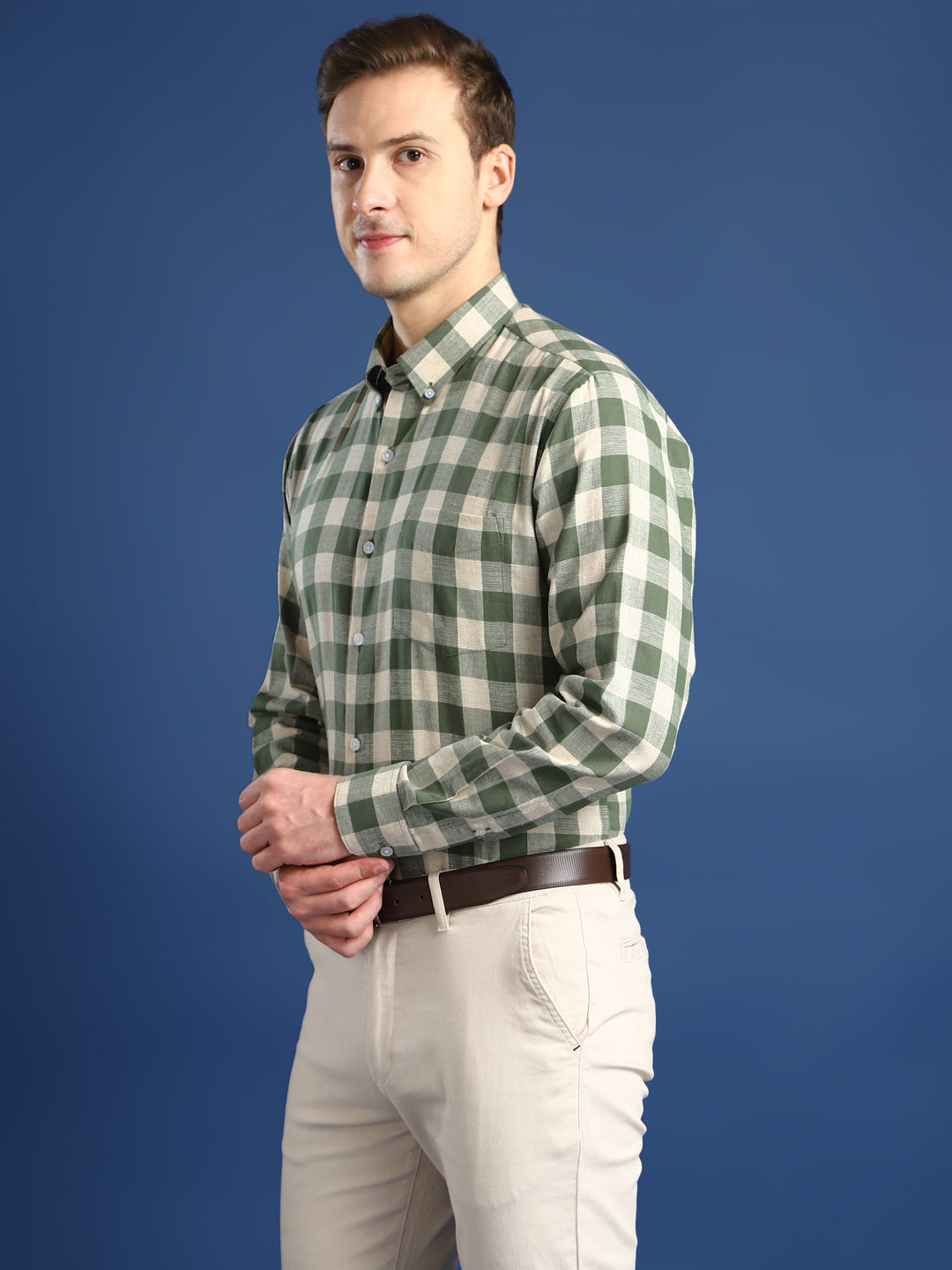 Men Cream & Olive Checked Linen Blend Slim Fit Formal Shirt