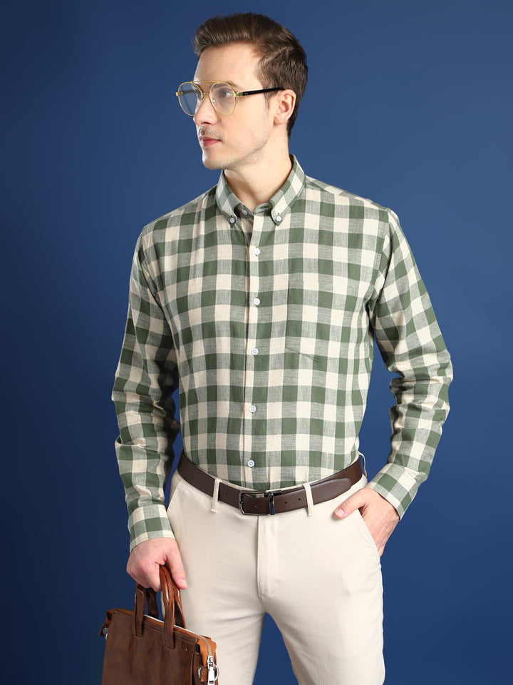 Men Cream & Olive Checked Linen Blend Slim Fit Formal Shirt