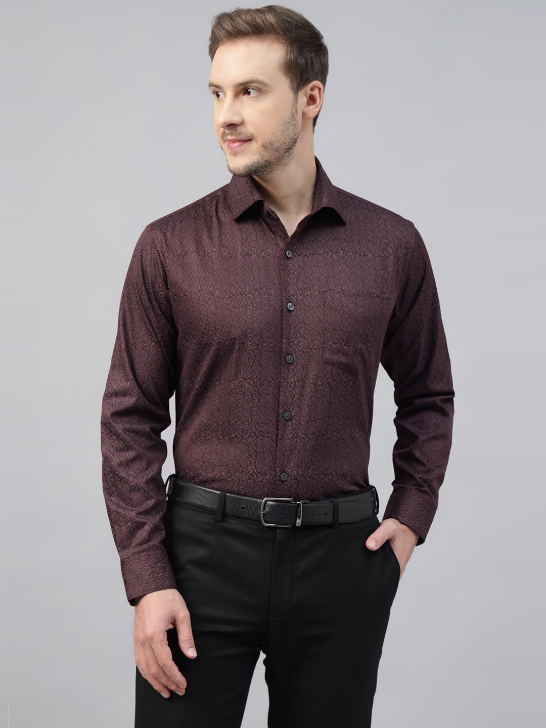 Men Burgundy Printed Pure Cotton Slim Fit Party Shirt