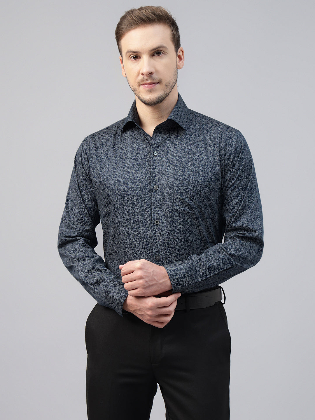 Men Navy Blue Printed Pure Cotton Slim Fit Party Shirt